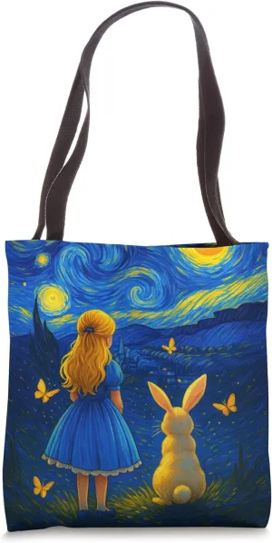 Alice in Wonderland Starry Night Van Gogh Mashup Art Print Tote Bag