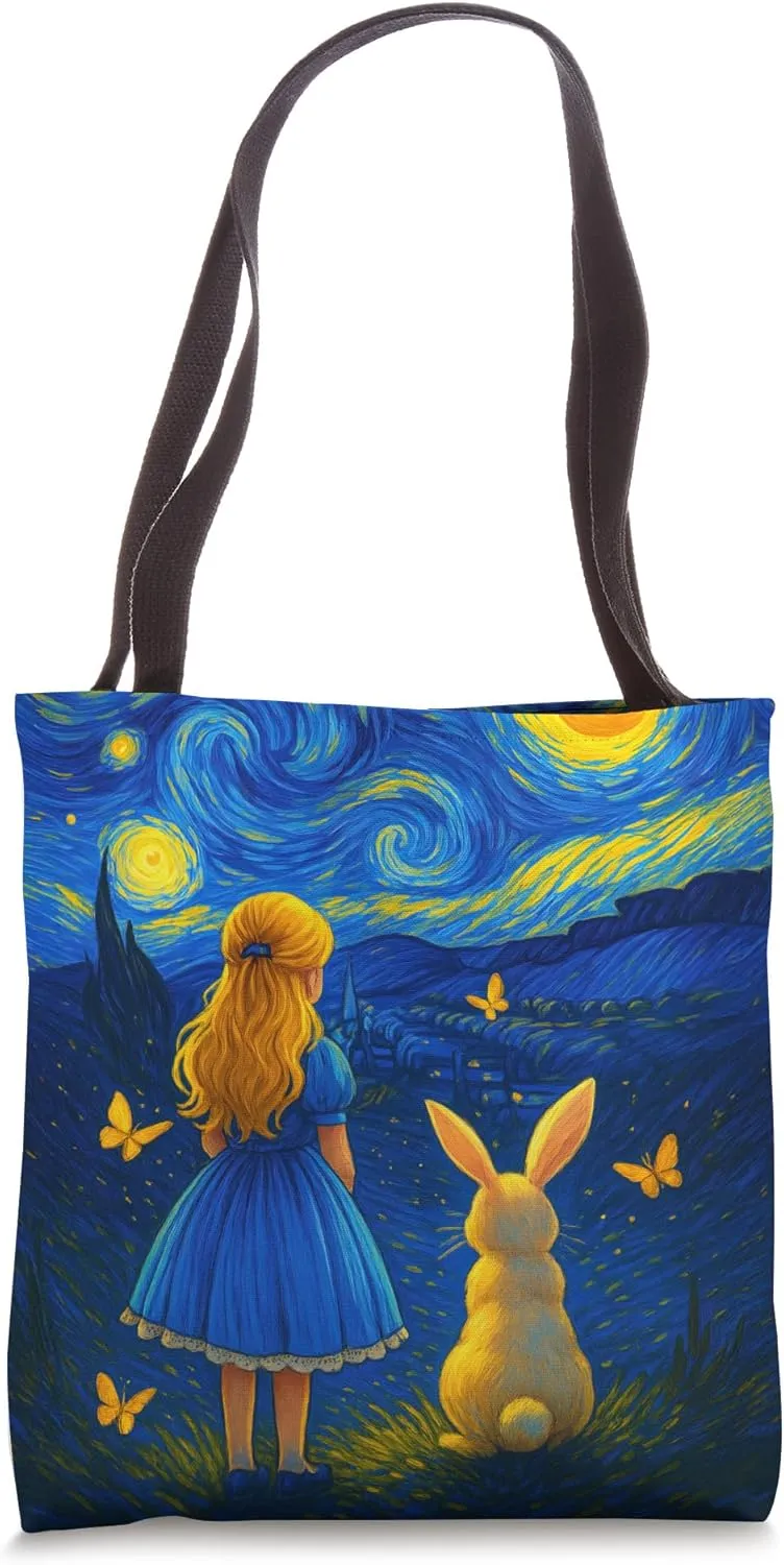 Alice in Wonderland Starry Night Van Gogh Mashup Art Print Tote Bag