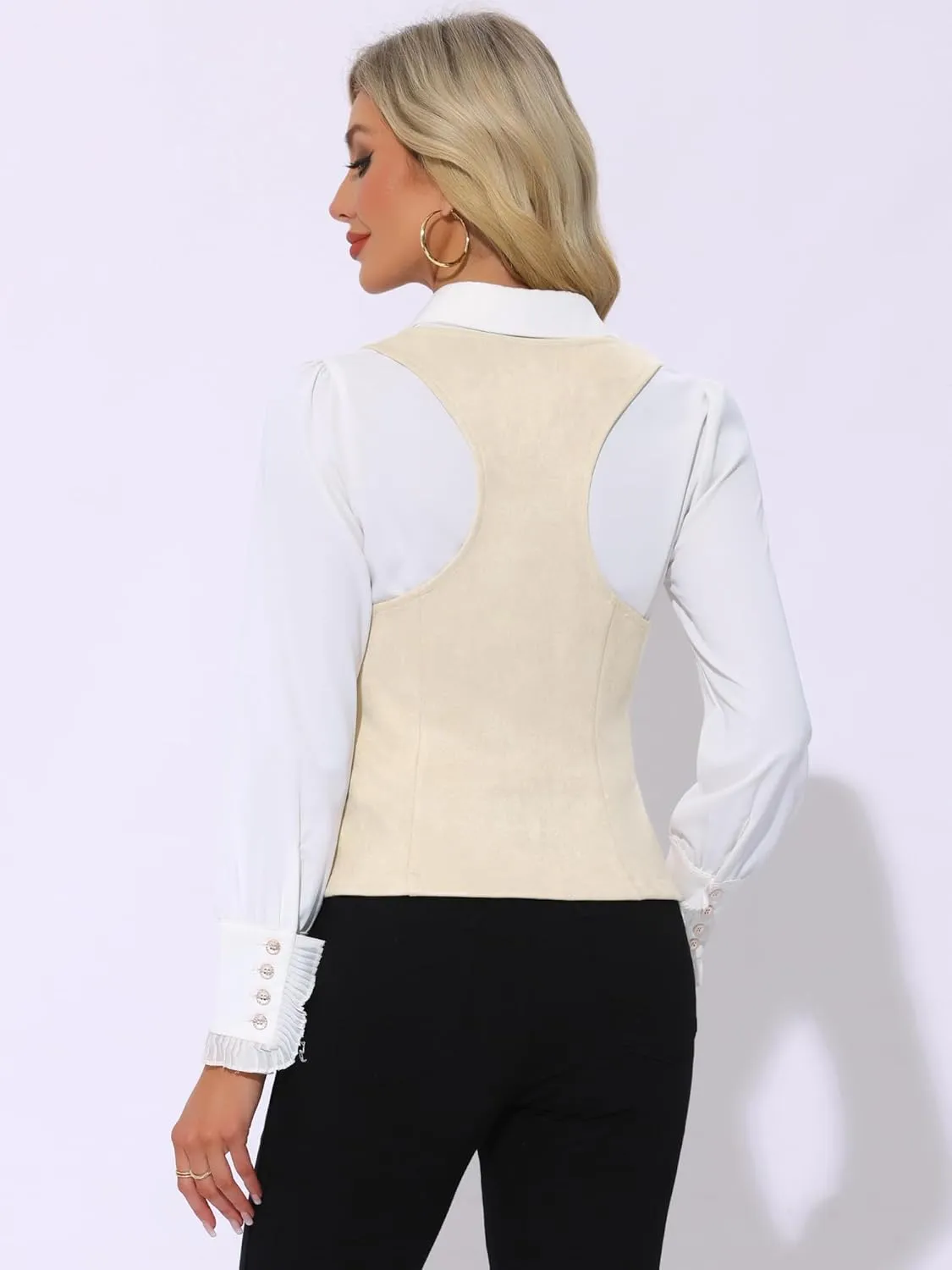 Allegra K Vintage Waistcoat Vest for Women's Plaid Button Down Sleeveless Faux Suede Panel Dressy Vests