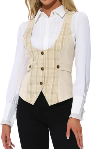 Allegra K Vintage Waistcoat Vest for Women's Plaid Button Down Sleeveless Faux Suede Panel Dressy Vests