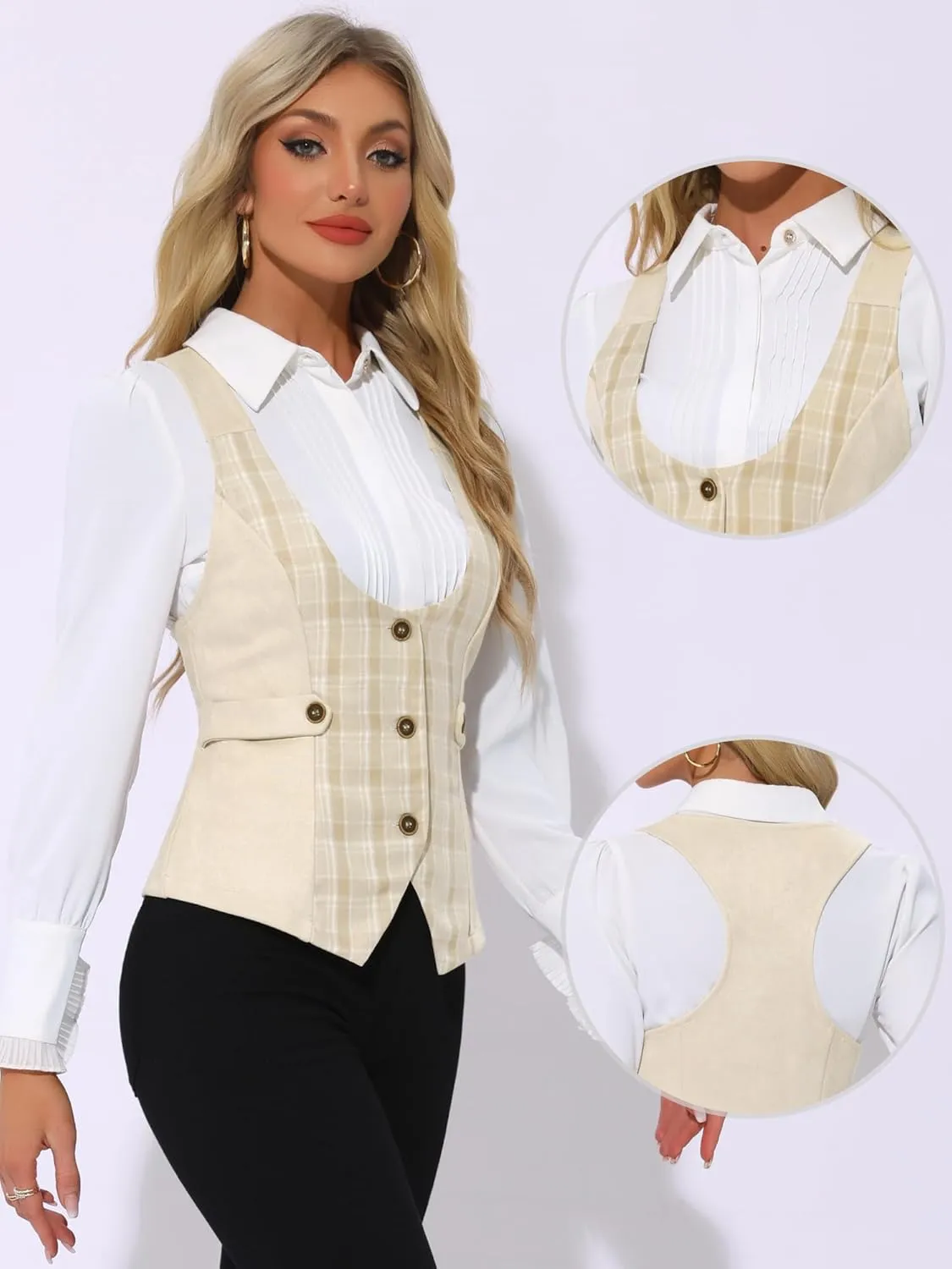 Allegra K Vintage Waistcoat Vest for Women's Plaid Button Down Sleeveless Faux Suede Panel Dressy Vests
