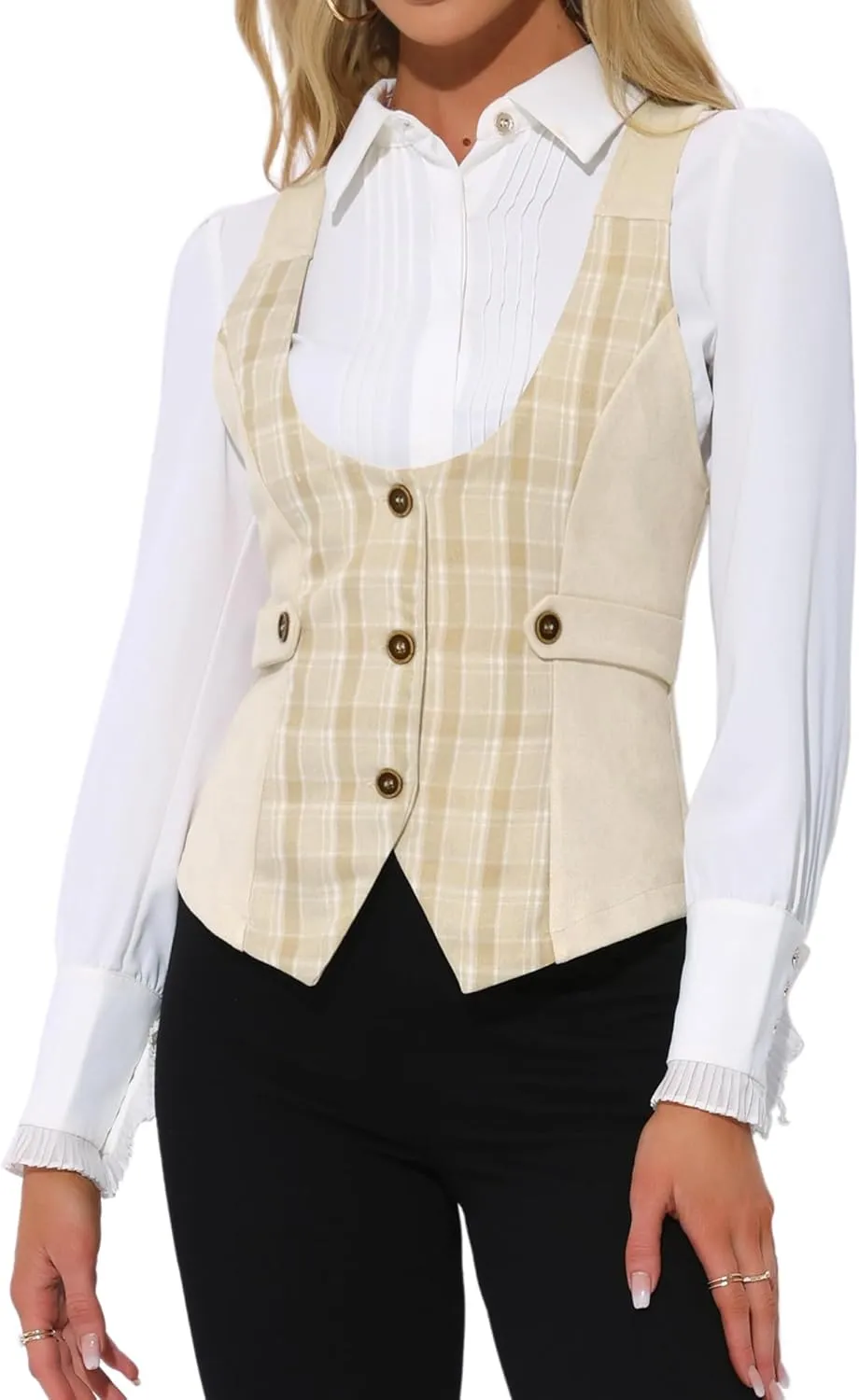 Allegra K Vintage Waistcoat Vest for Women's Plaid Button Down Sleeveless Faux Suede Panel Dressy Vests