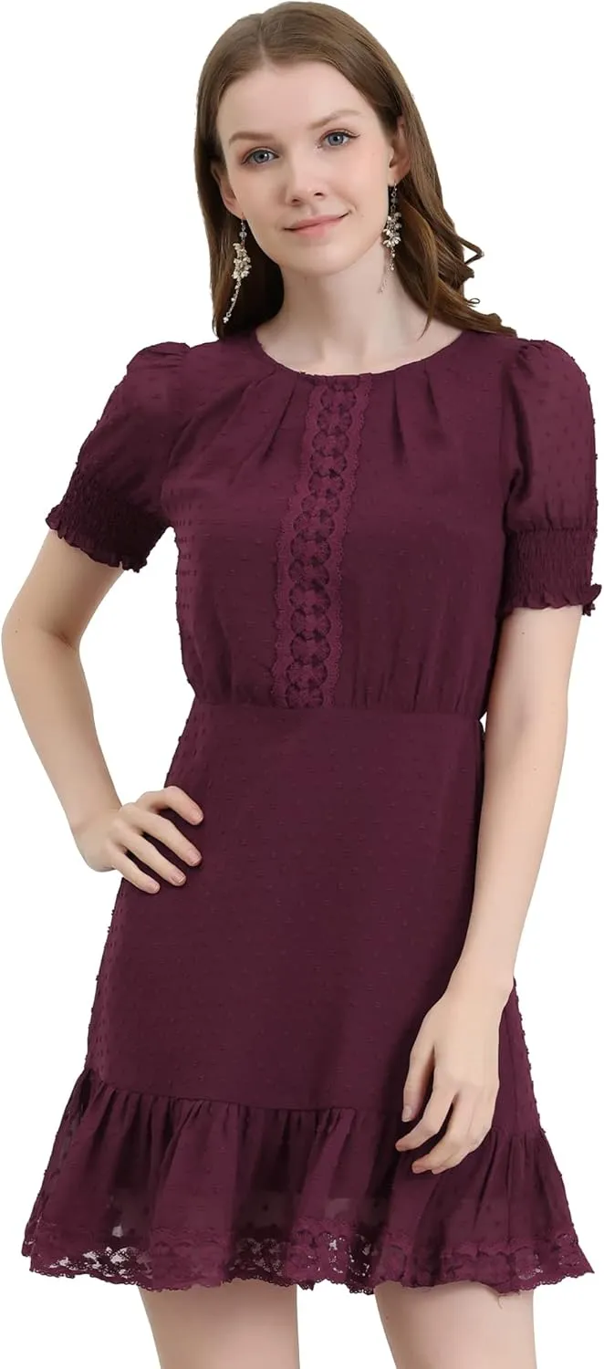 Allegra K Women's Elegant Short Sheer Sleeve Ruffle Hem Swiss Dots Chiffon Dress