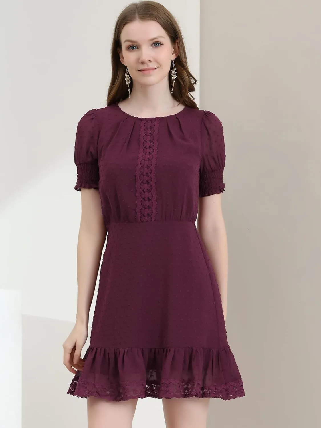 Allegra K Women's Elegant Short Sheer Sleeve Ruffle Hem Swiss Dots Chiffon Dress