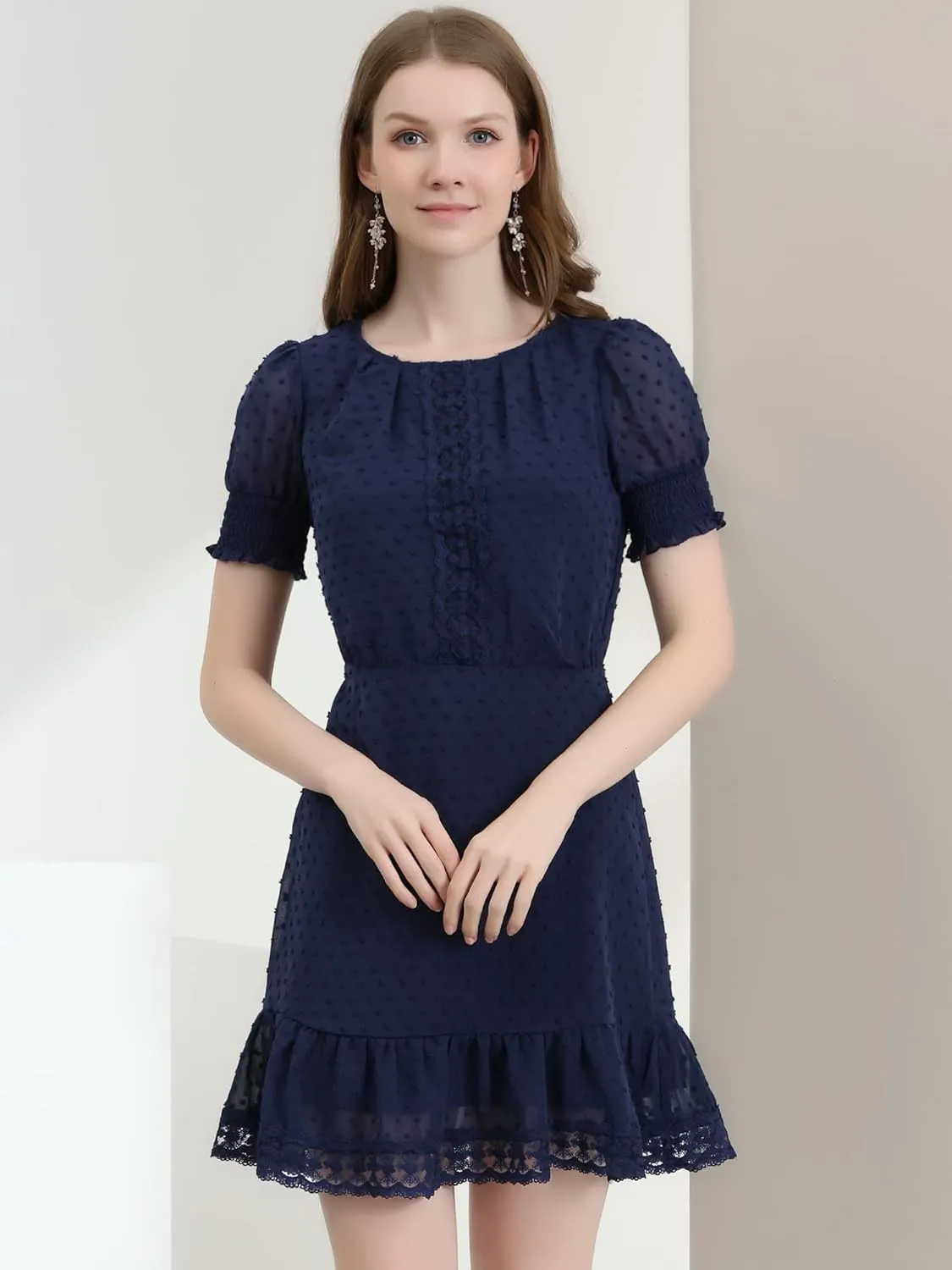 Allegra K Women's Elegant Short Sheer Sleeve Ruffle Hem Swiss Dots Chiffon Dress
