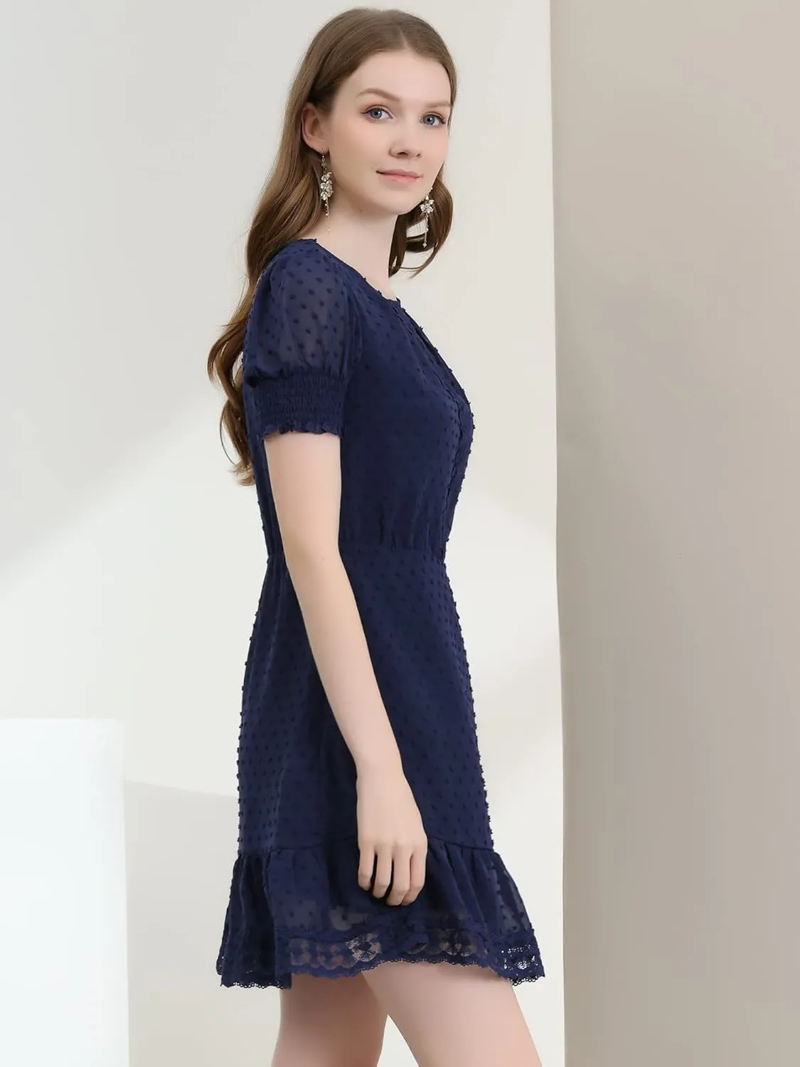 Allegra K Women's Elegant Short Sheer Sleeve Ruffle Hem Swiss Dots Chiffon Dress