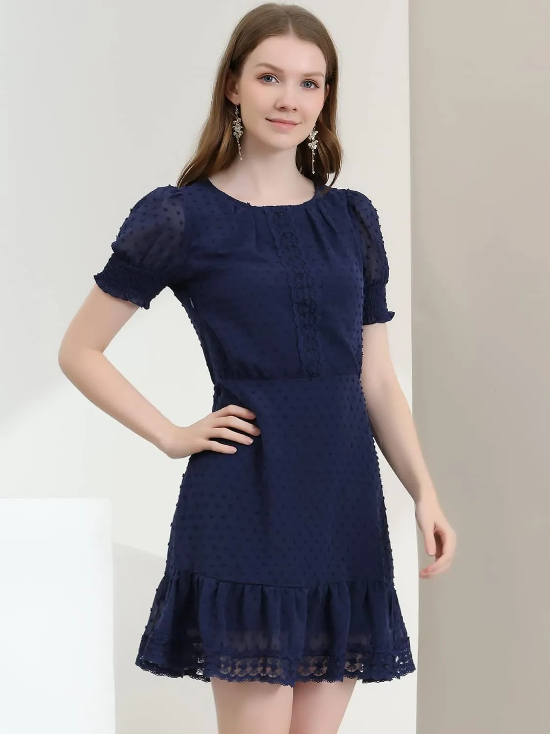 Allegra K Women's Elegant Short Sheer Sleeve Ruffle Hem Swiss Dots Chiffon Dress