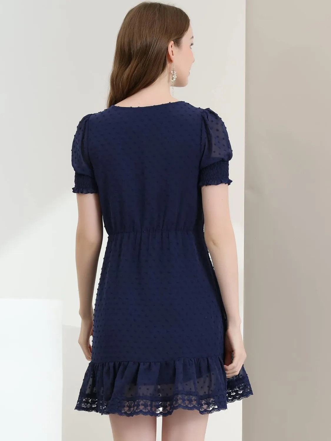 Allegra K Women's Elegant Short Sheer Sleeve Ruffle Hem Swiss Dots Chiffon Dress