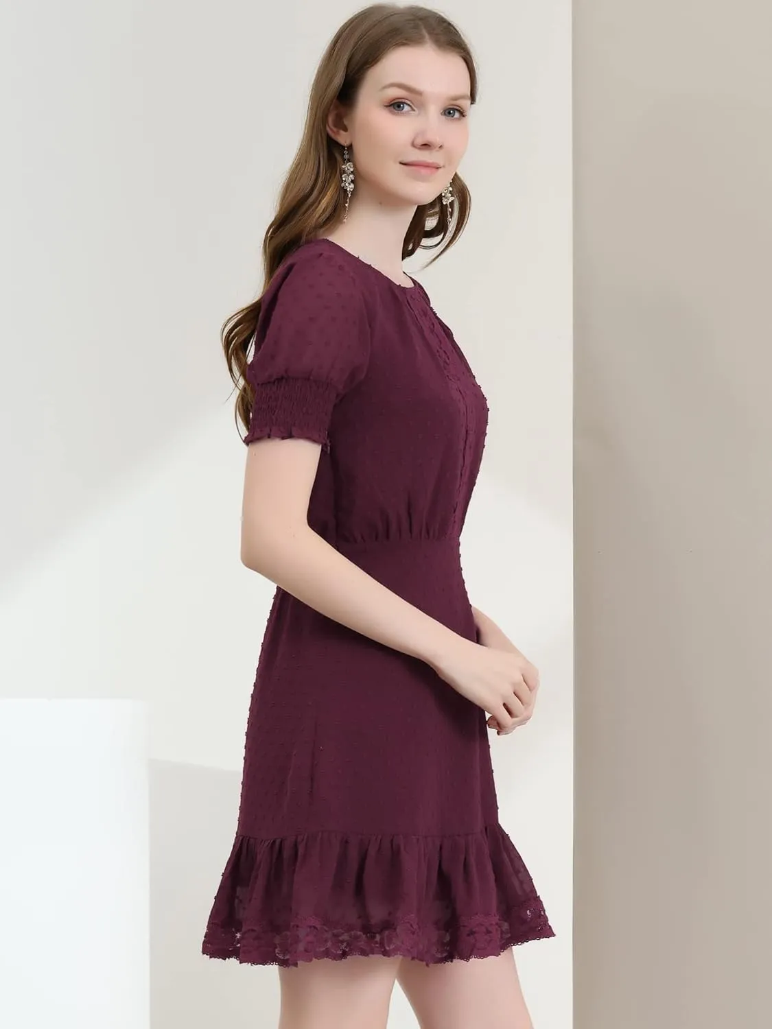 Allegra K Women's Elegant Short Sheer Sleeve Ruffle Hem Swiss Dots Chiffon Dress