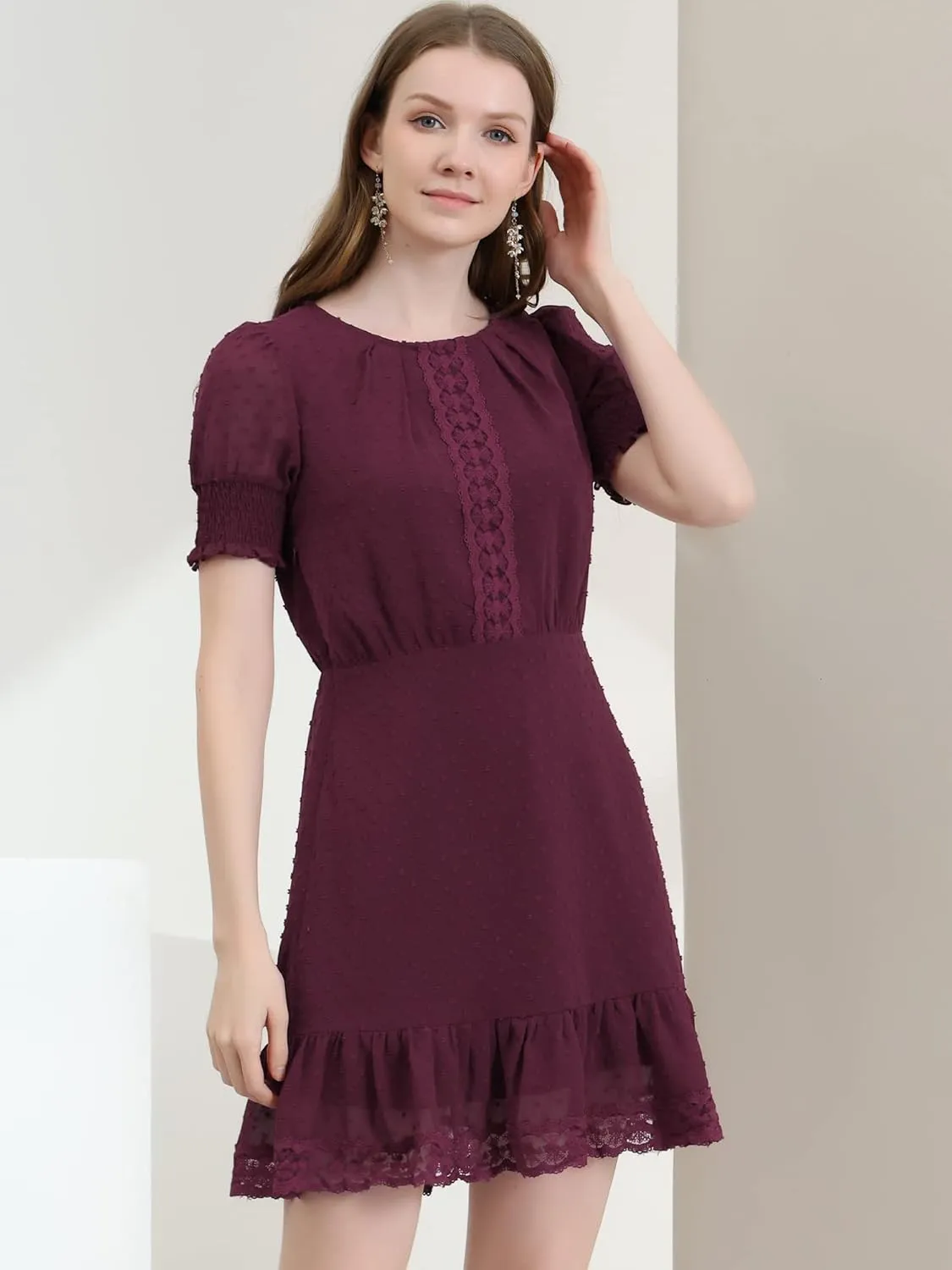 Allegra K Women's Elegant Short Sheer Sleeve Ruffle Hem Swiss Dots Chiffon Dress