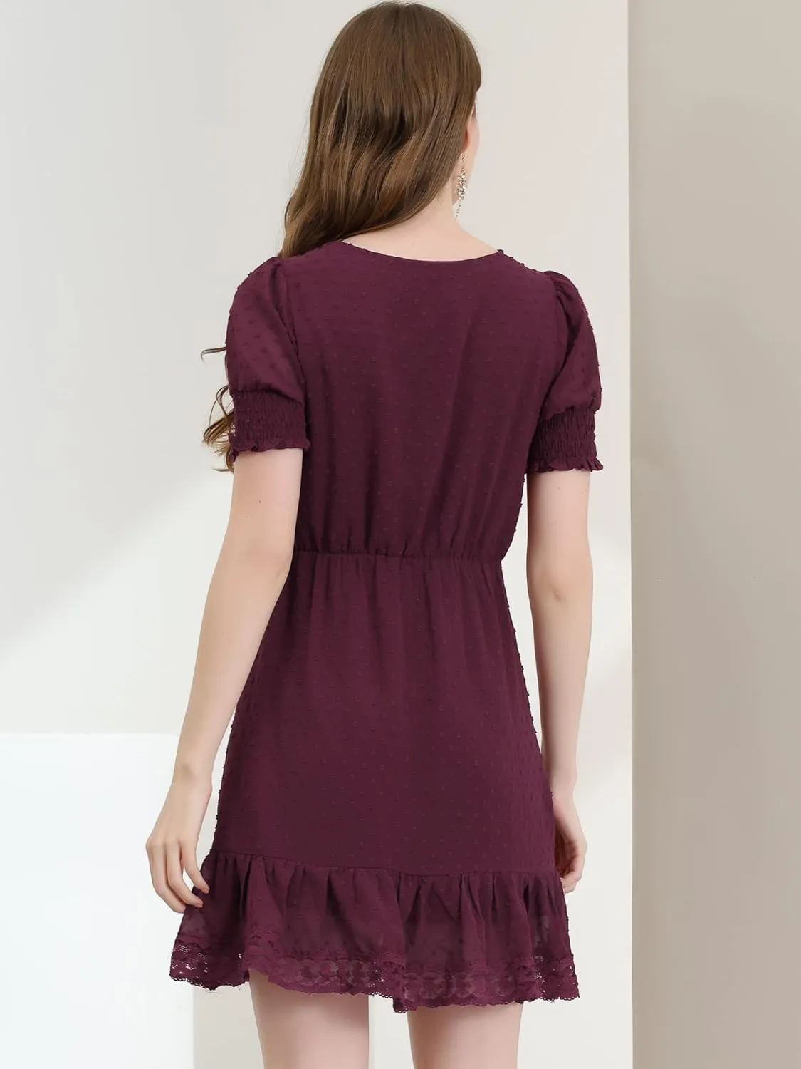 Allegra K Women's Elegant Short Sheer Sleeve Ruffle Hem Swiss Dots Chiffon Dress