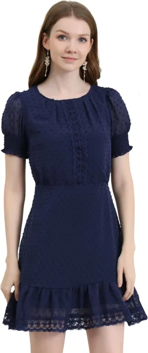 Allegra K Women's Elegant Short Sheer Sleeve Ruffle Hem Swiss Dots Chiffon Dress