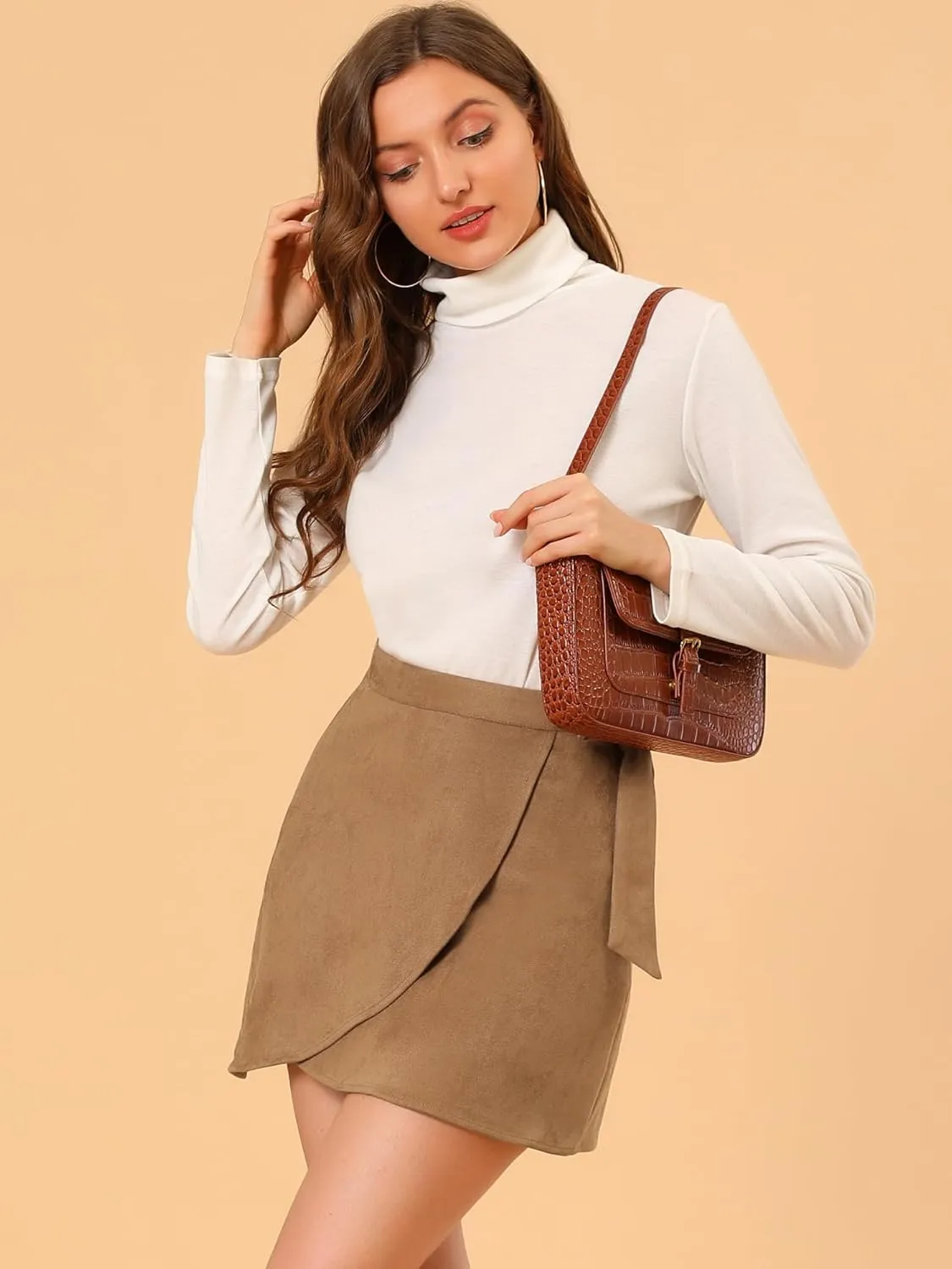 Allegra K Women's Mini Wrap Skirts Tie Waisted A-Line Faux Suede Skirt