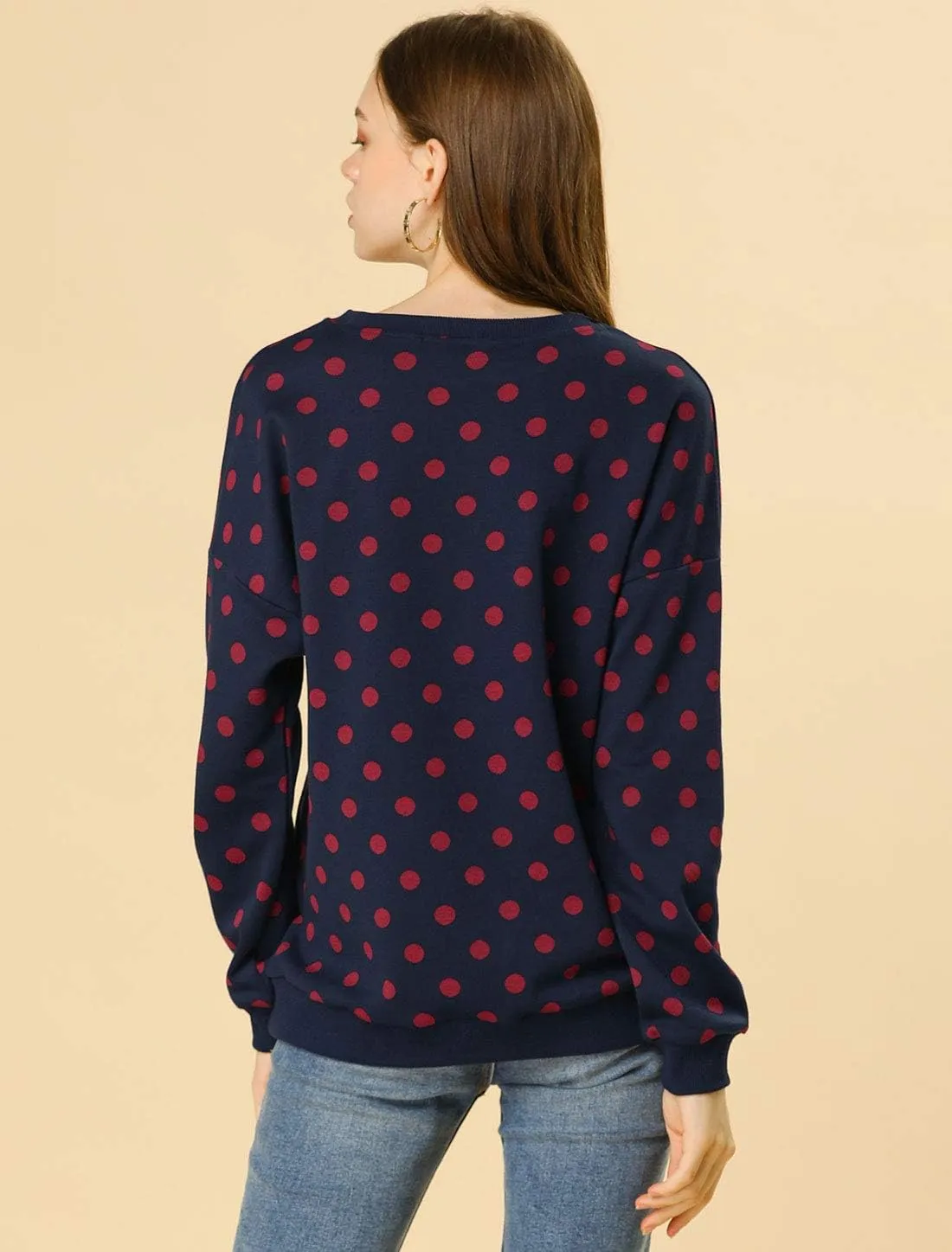 Allegra K Women's Winter Fall Casual Pullover Crewneck Long Sleeve Polka Dots Sweatshirt Sweater