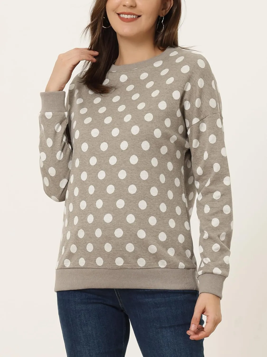 Allegra K Women's Winter Fall Casual Pullover Crewneck Long Sleeve Polka Dots Sweatshirt Sweater