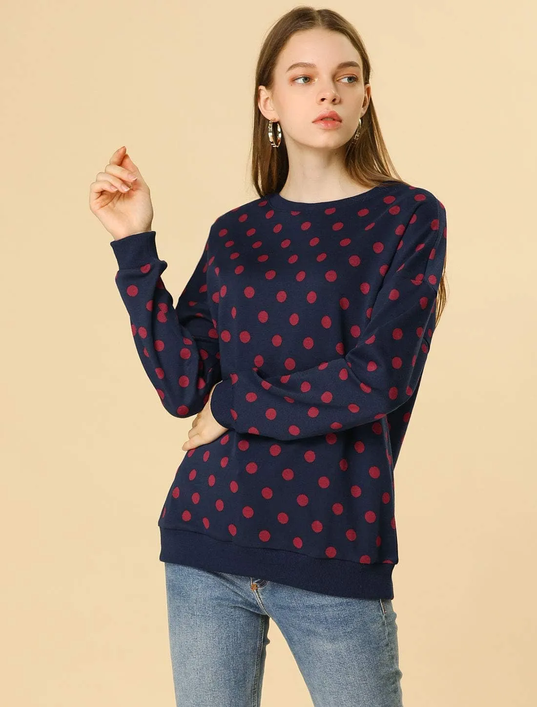 Allegra K Women's Winter Fall Casual Pullover Crewneck Long Sleeve Polka Dots Sweatshirt Sweater