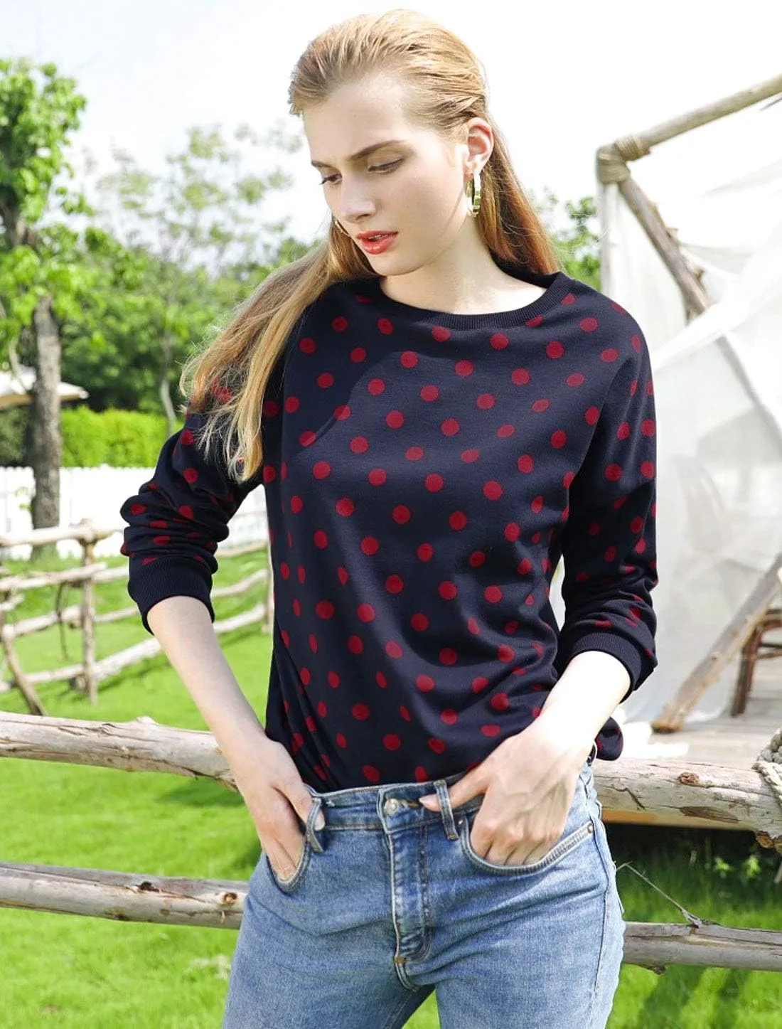 Allegra K Women's Winter Fall Casual Pullover Crewneck Long Sleeve Polka Dots Sweatshirt Sweater
