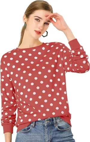 Allegra K Women's Winter Fall Casual Pullover Crewneck Long Sleeve Polka Dots Sweatshirt Sweater