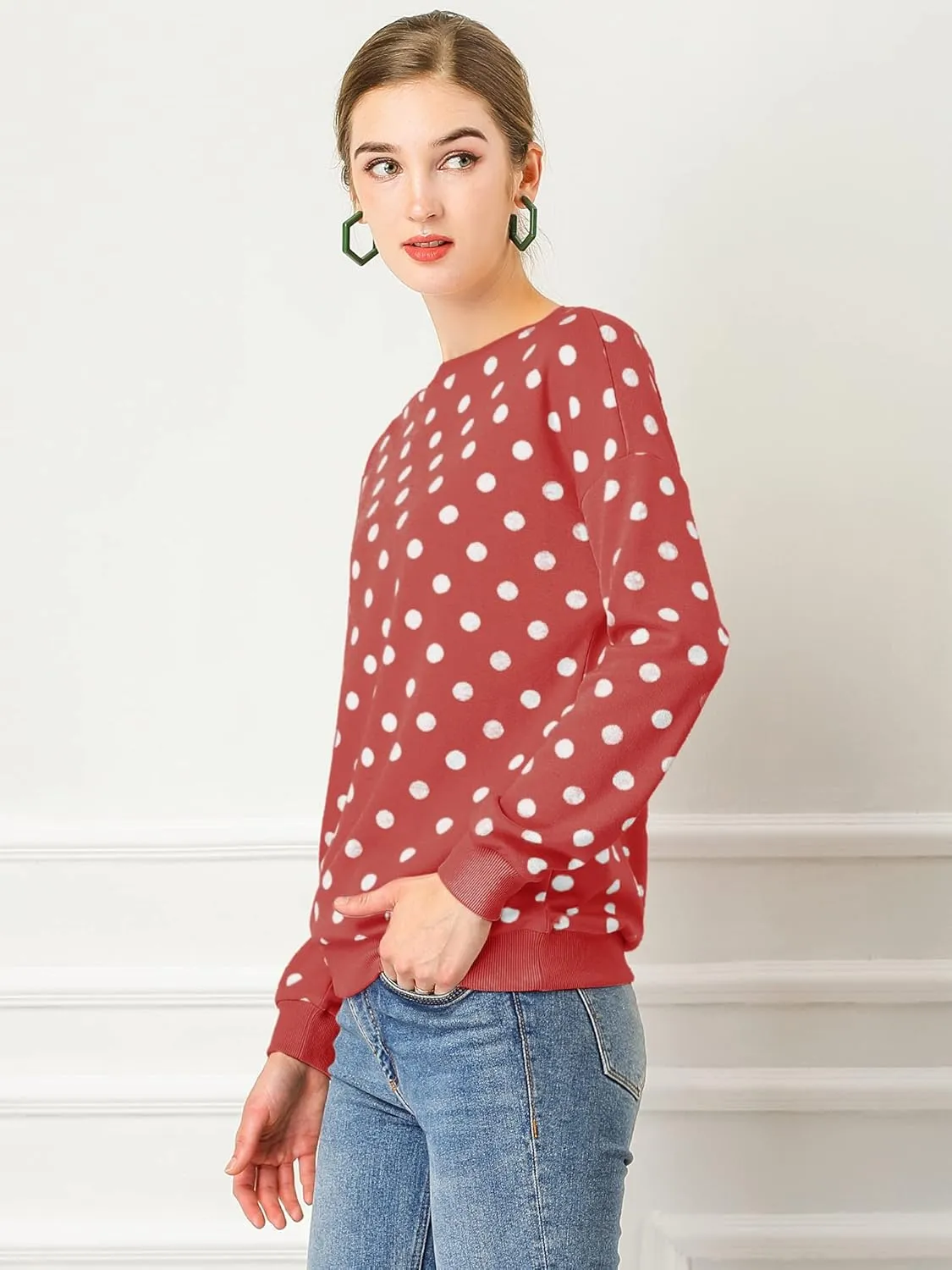 Allegra K Women's Winter Fall Casual Pullover Crewneck Long Sleeve Polka Dots Sweatshirt Sweater
