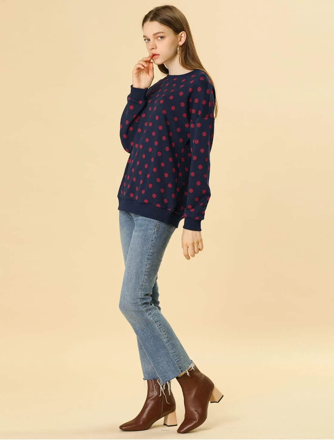 Allegra K Women's Winter Fall Casual Pullover Crewneck Long Sleeve Polka Dots Sweatshirt Sweater