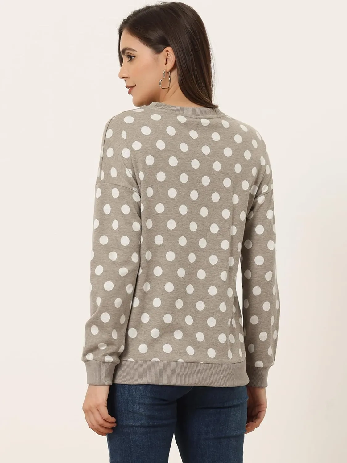 Allegra K Women's Winter Fall Casual Pullover Crewneck Long Sleeve Polka Dots Sweatshirt Sweater