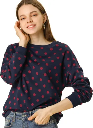 Allegra K Women's Winter Fall Casual Pullover Crewneck Long Sleeve Polka Dots Sweatshirt Sweater