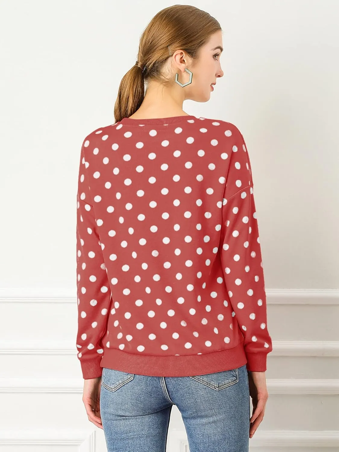 Allegra K Women's Winter Fall Casual Pullover Crewneck Long Sleeve Polka Dots Sweatshirt Sweater