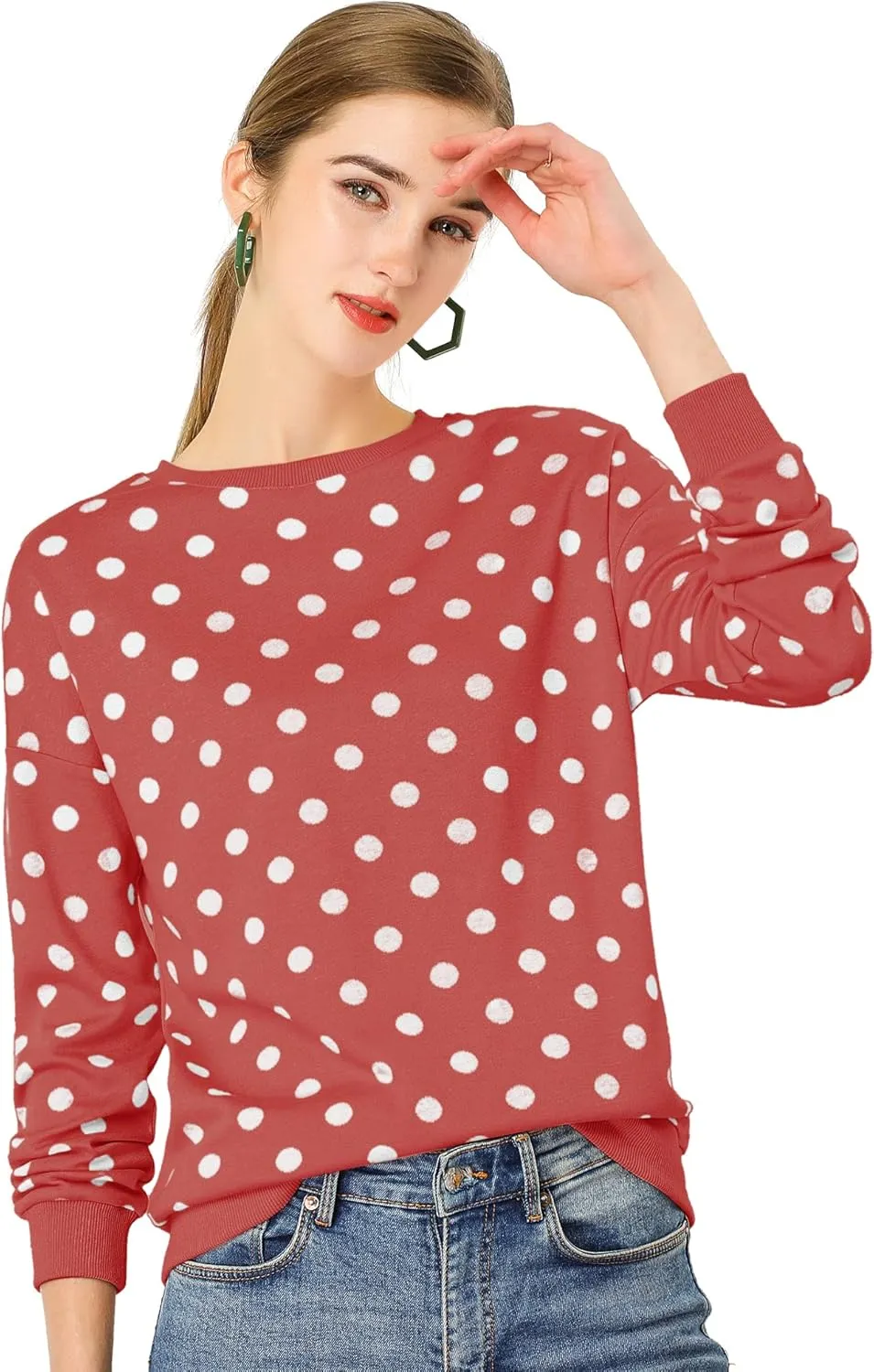 Allegra K Women's Winter Fall Casual Pullover Crewneck Long Sleeve Polka Dots Sweatshirt Sweater