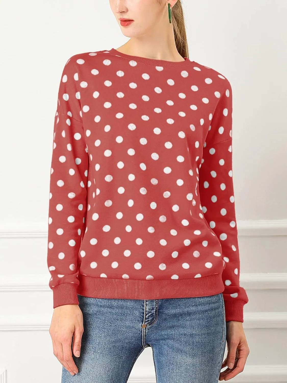 Allegra K Women's Winter Fall Casual Pullover Crewneck Long Sleeve Polka Dots Sweatshirt Sweater