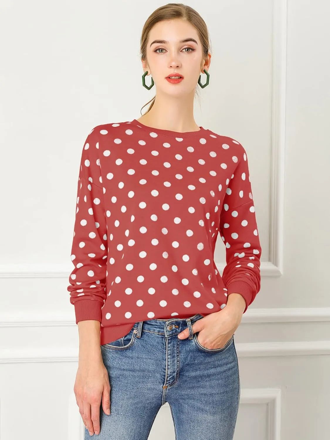 Allegra K Women's Winter Fall Casual Pullover Crewneck Long Sleeve Polka Dots Sweatshirt Sweater