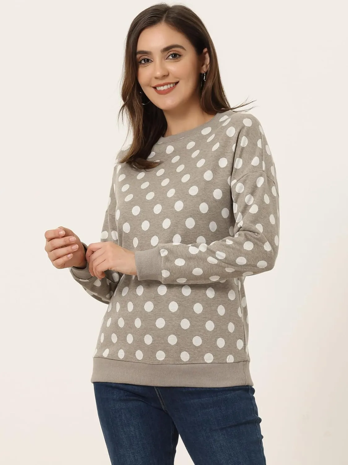 Allegra K Women's Winter Fall Casual Pullover Crewneck Long Sleeve Polka Dots Sweatshirt Sweater