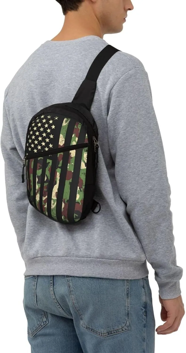 American Camouflage Flag Portable Sling Bags Packable Crossbody Bag Foldable Sport Daypack Reusable Shoulder Backpack Diagonally Chest Bag for Workout Travel
