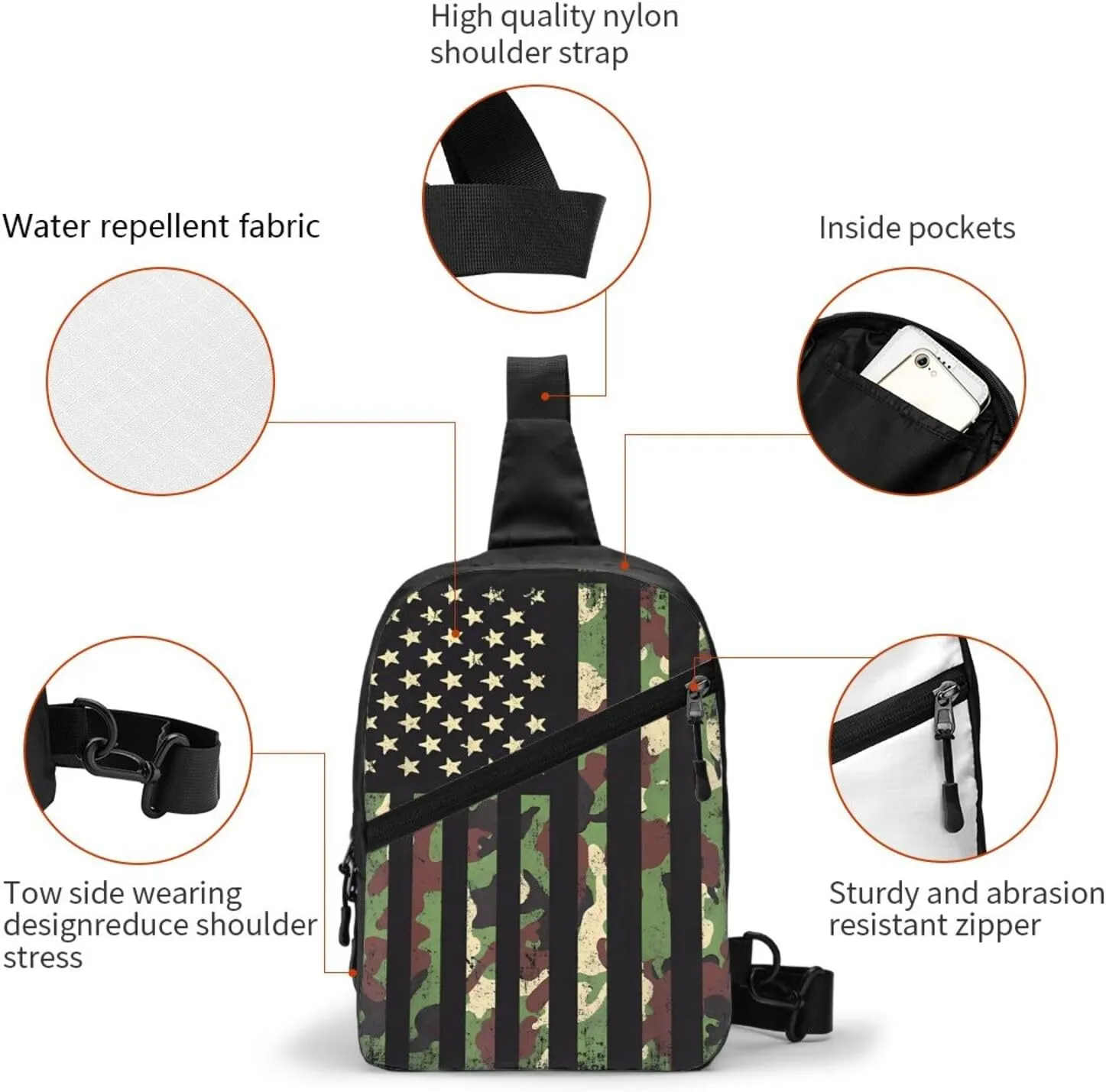 American Camouflage Flag Portable Sling Bags Packable Crossbody Bag Foldable Sport Daypack Reusable Shoulder Backpack Diagonally Chest Bag for Workout Travel