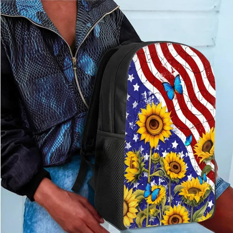 American Flag Butterfly Sunflower Backpack and Lunch Bag Kids 4th of July School Bag Pack and Pencil Case for Teens Students Boys Girls School Sport Travel