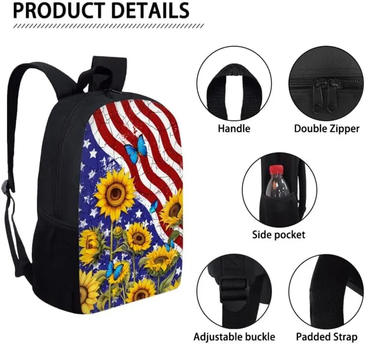 American Flag Butterfly Sunflower Backpack and Lunch Bag Kids 4th of July School Bag Pack and Pencil Case for Teens Students Boys Girls School Sport Travel