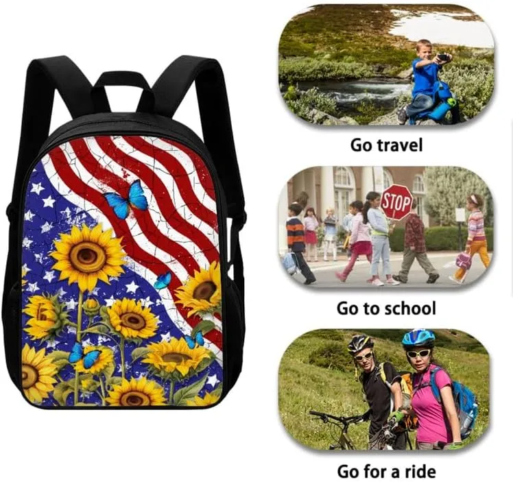 American Flag Butterfly Sunflower Backpack and Lunch Bag Kids 4th of July School Bag Pack and Pencil Case for Teens Students Boys Girls School Sport Travel