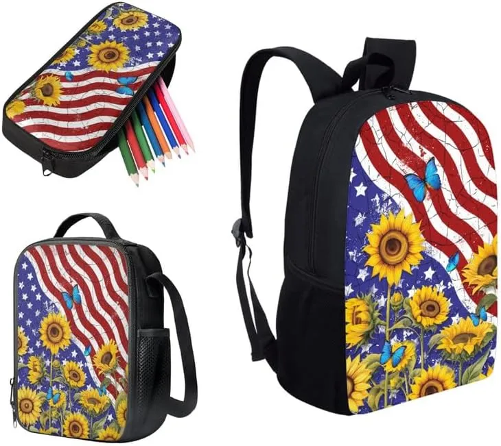 American Flag Butterfly Sunflower Backpack and Lunch Bag Kids 4th of July School Bag Pack and Pencil Case for Teens Students Boys Girls School Sport Travel