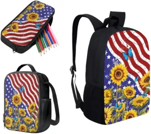 American Flag Butterfly Sunflower Backpack and Lunch Bag Kids 4th of July School Bag Pack and Pencil Case for Teens Students Boys Girls School Sport Travel
