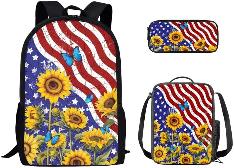American Flag Butterfly Sunflower Backpack and Lunch Bag Kids 4th of July School Bag Pack and Pencil Case for Teens Students Boys Girls School Sport Travel