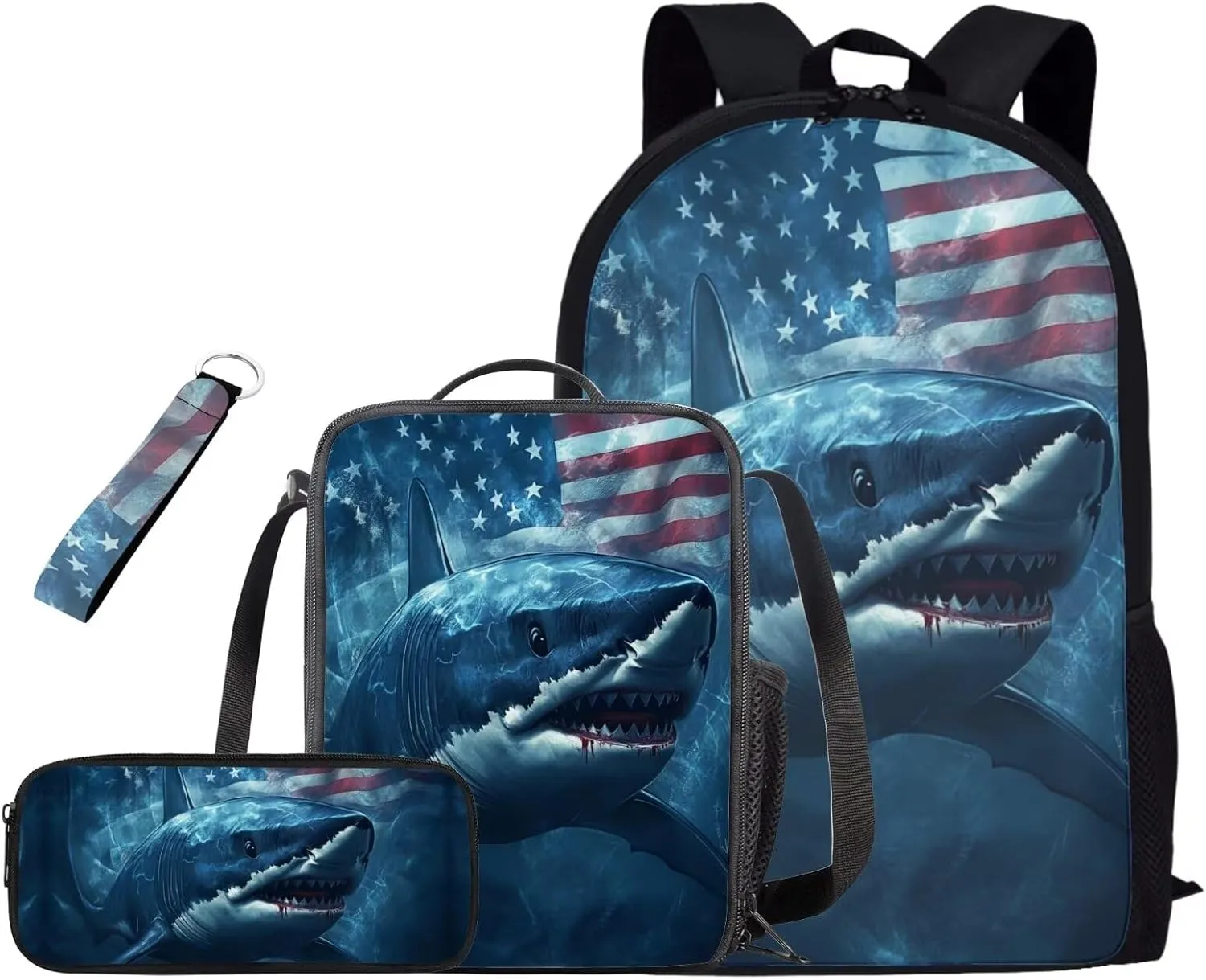 American Flag Shark Kids Backpack for Boys Elementary School Bag 4 in 1 Cool Bookbag for 7th Grade Boys School Backpacks with Lunch Box Pencil Case Keychain Casual Daypack for Party