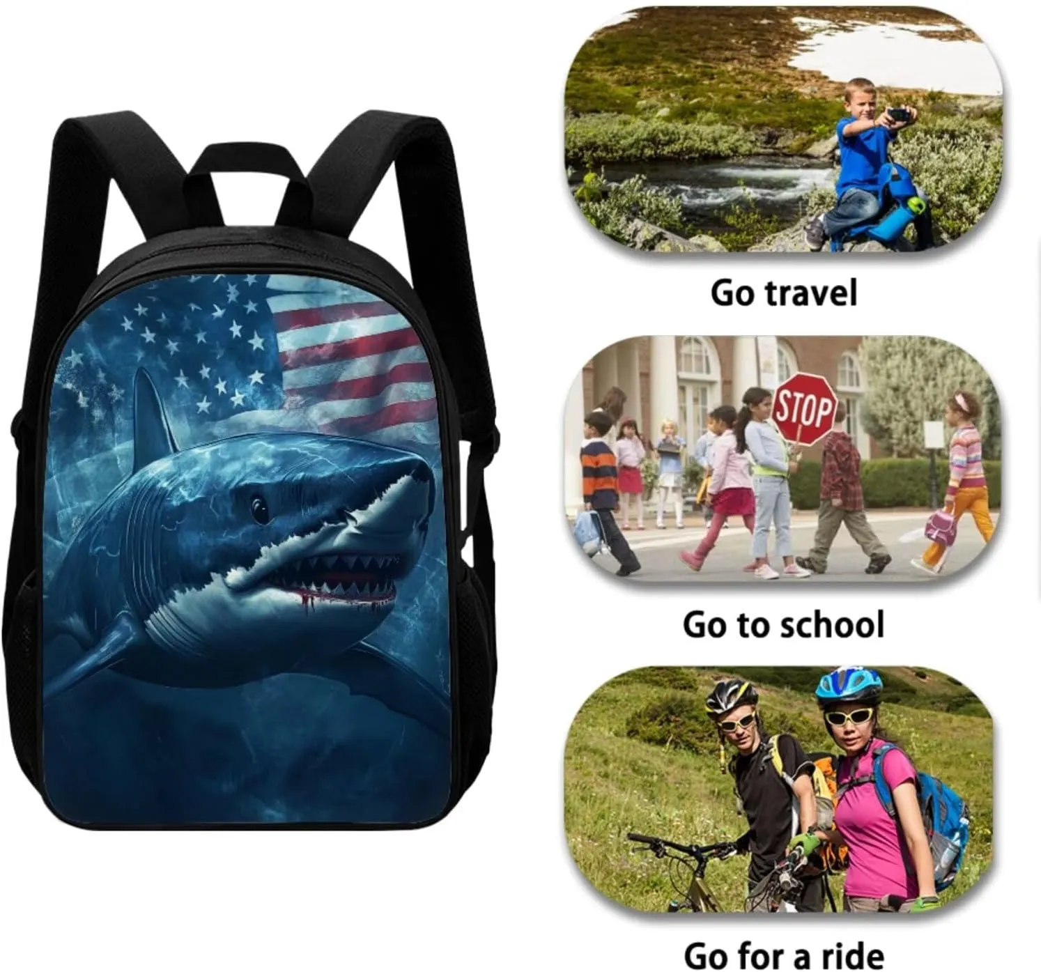 American Flag Shark Kids Backpack for Boys Elementary School Bag 4 in 1 Cool Bookbag for 7th Grade Boys School Backpacks with Lunch Box Pencil Case Keychain Casual Daypack for Party