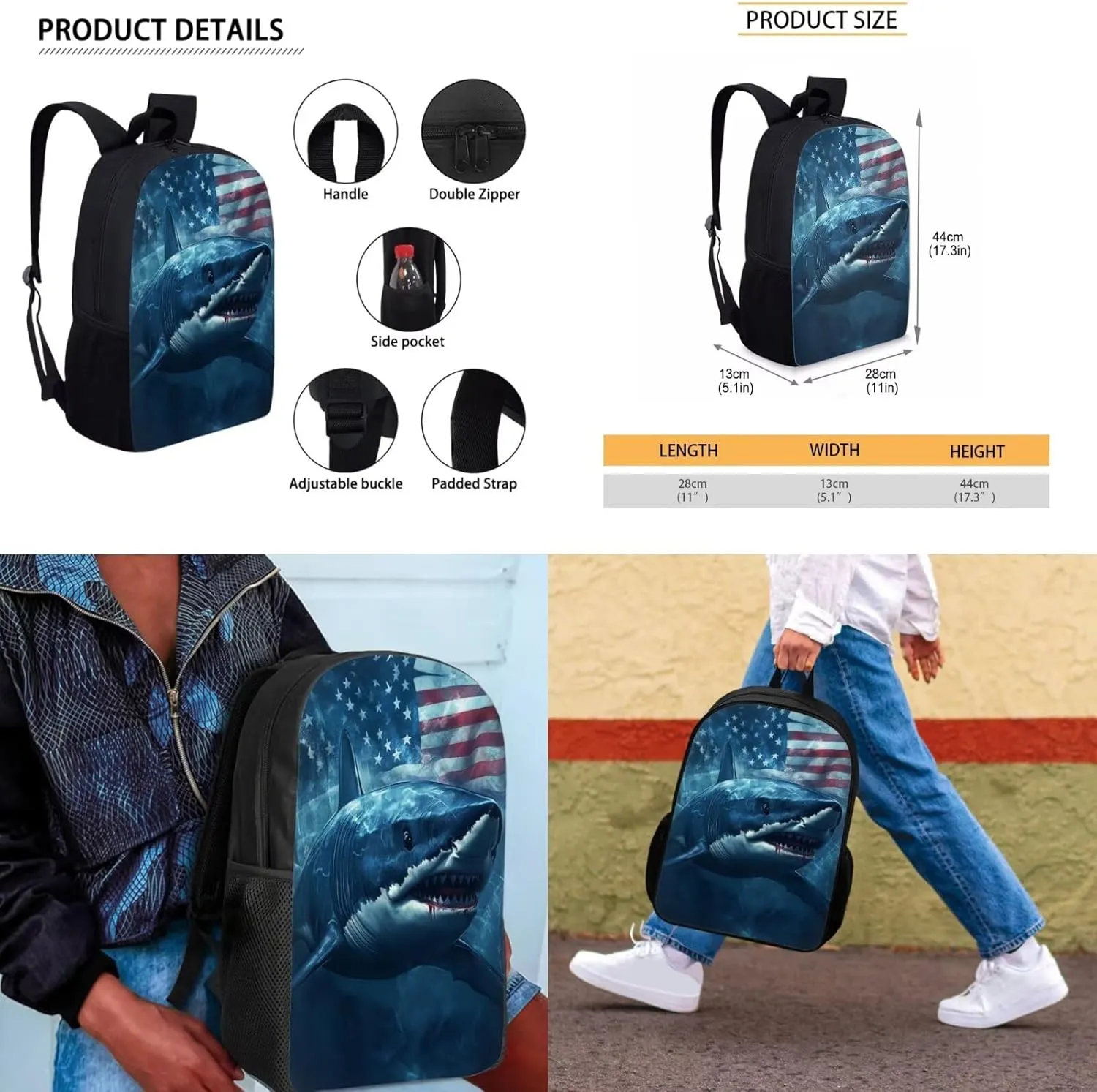 American Flag Shark Kids Backpack for Boys Elementary School Bag 4 in 1 Cool Bookbag for 7th Grade Boys School Backpacks with Lunch Box Pencil Case Keychain Casual Daypack for Party