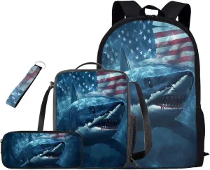 American Flag Shark Kids Backpack for Boys Elementary School Bag 4 in 1 Cool Bookbag for 7th Grade Boys School Backpacks with Lunch Box Pencil Case Keychain Casual Daypack for Party