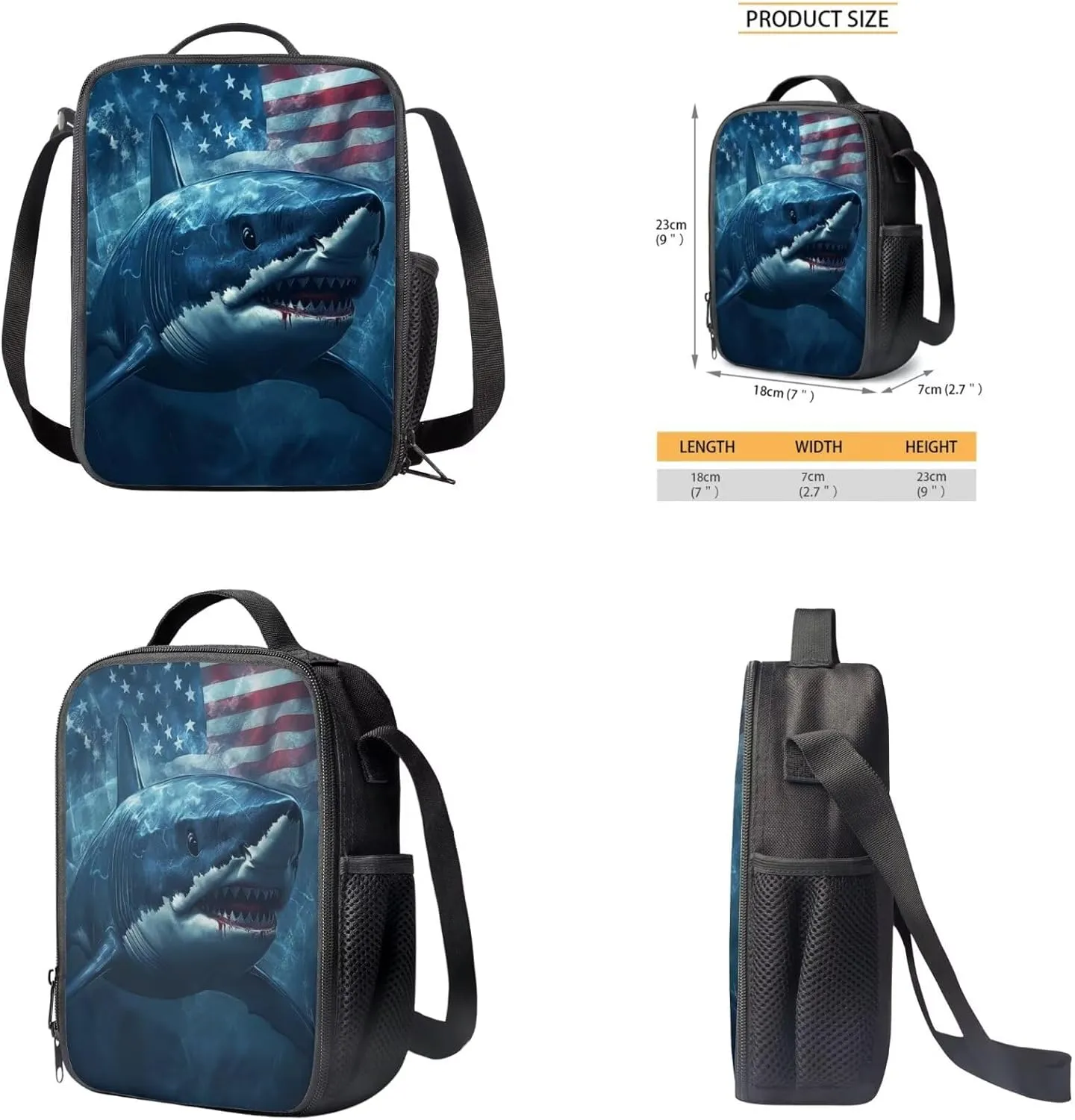 American Flag Shark Kids Backpack for Boys Elementary School Bag 4 in 1 Cool Bookbag for 7th Grade Boys School Backpacks with Lunch Box Pencil Case Keychain Casual Daypack for Party