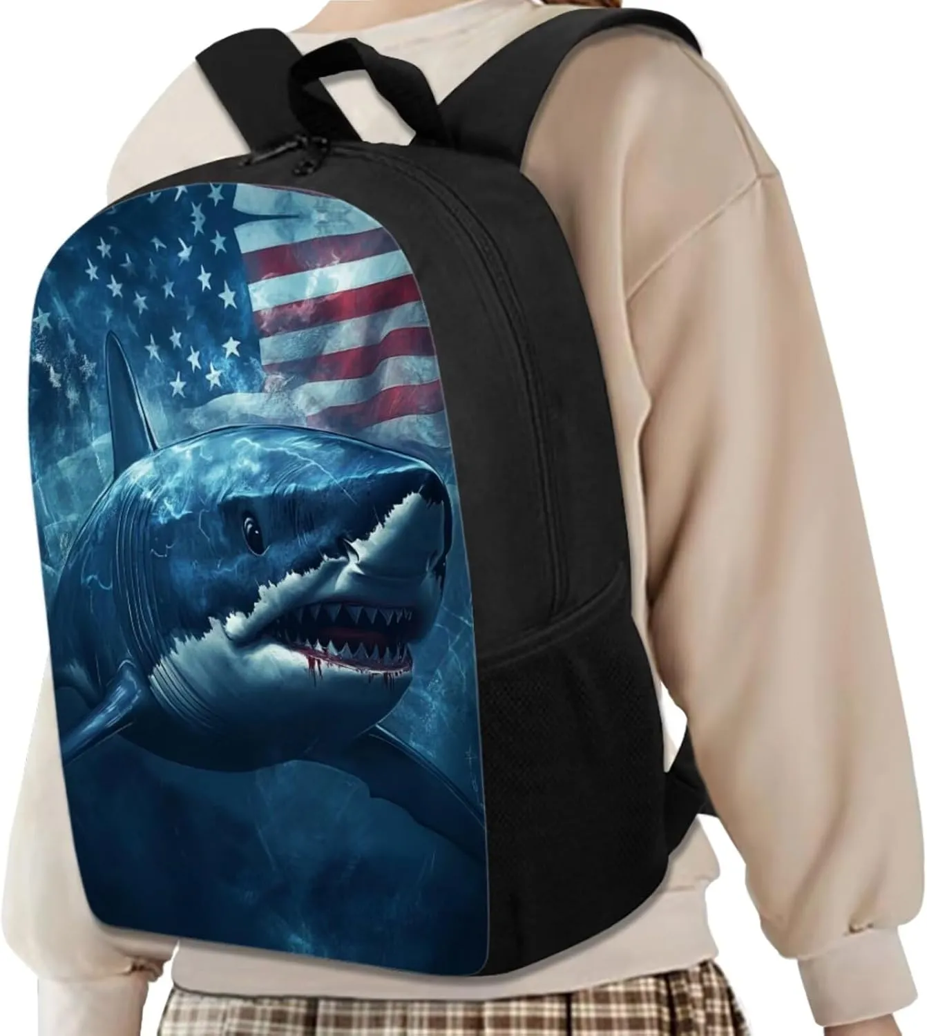 American Flag Shark Kids Backpack for Boys Elementary School Bag 4 in 1 Cool Bookbag for 7th Grade Boys School Backpacks with Lunch Box Pencil Case Keychain Casual Daypack for Party