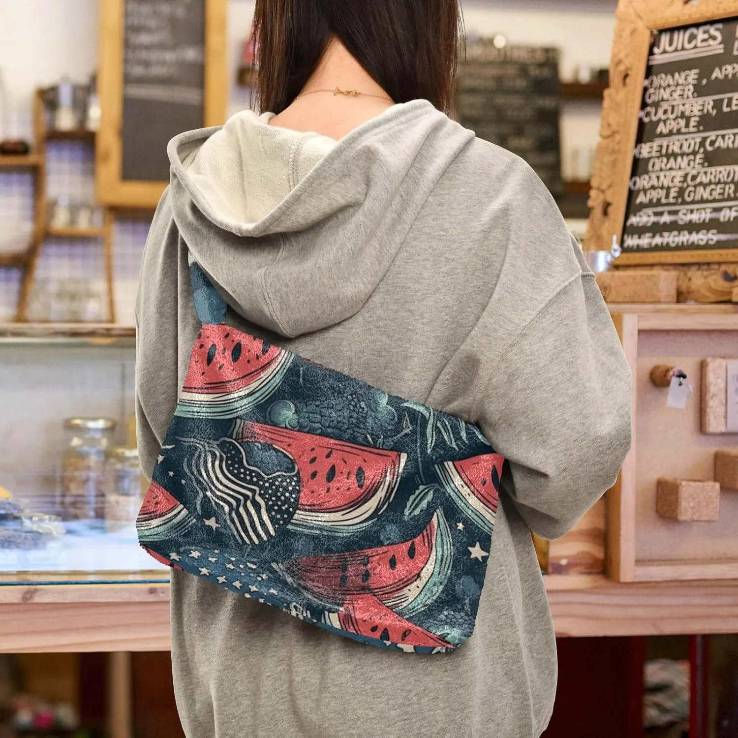 American July 4 Watermelon Creative Plush Tote Bag, Medium Shoulder Bag for Women, Autumn Handbags