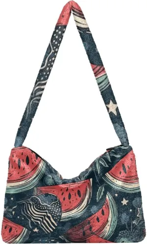 American July 4 Watermelon Creative Plush Tote Bag, Medium Shoulder Bag for Women, Autumn Handbags