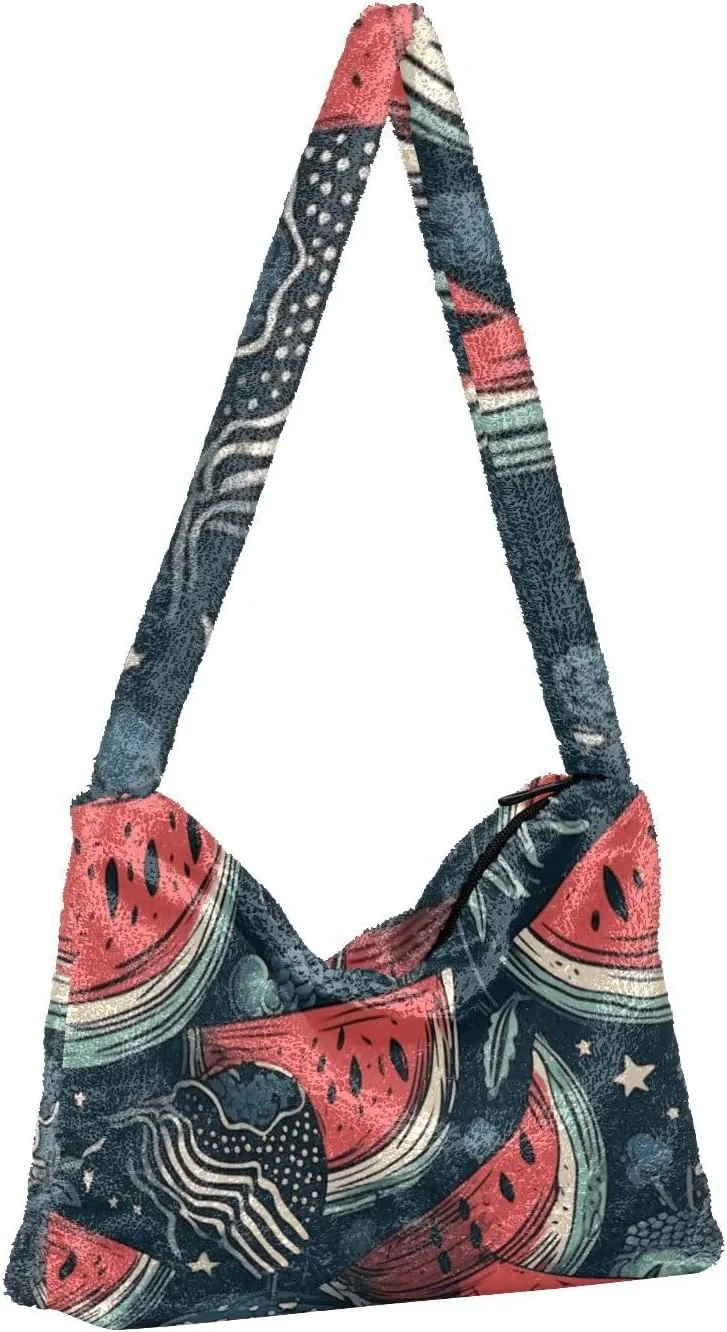 American July 4 Watermelon Creative Plush Tote Bag, Medium Shoulder Bag for Women, Autumn Handbags