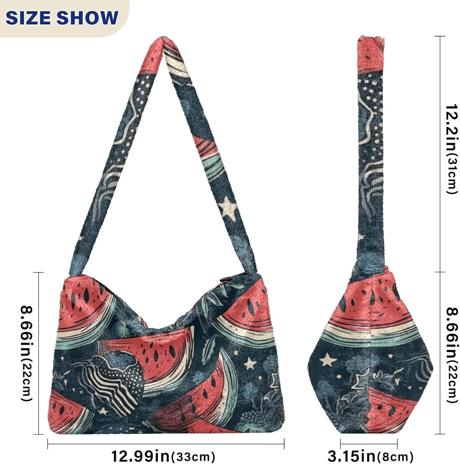 American July 4 Watermelon Creative Plush Tote Bag, Medium Shoulder Bag for Women, Autumn Handbags