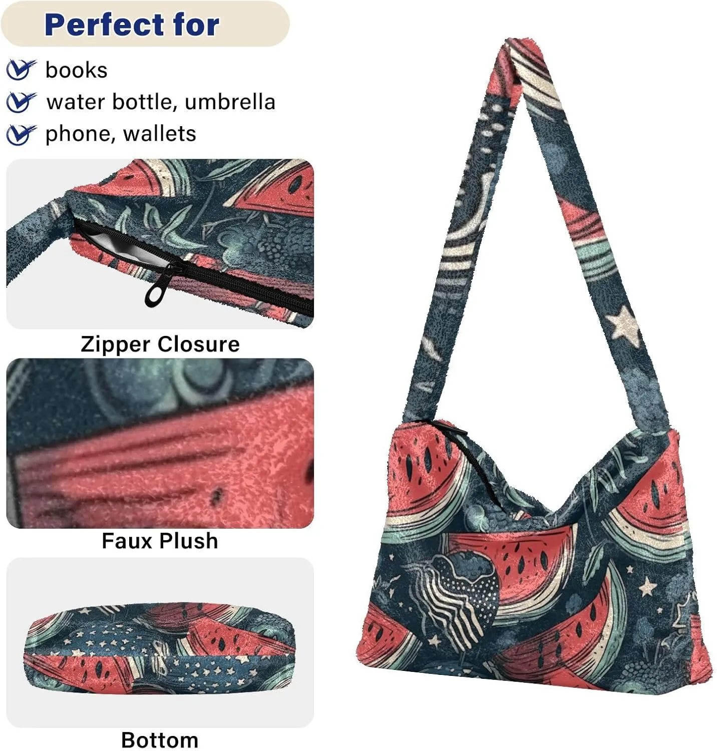 American July 4 Watermelon Creative Plush Tote Bag, Medium Shoulder Bag for Women, Autumn Handbags